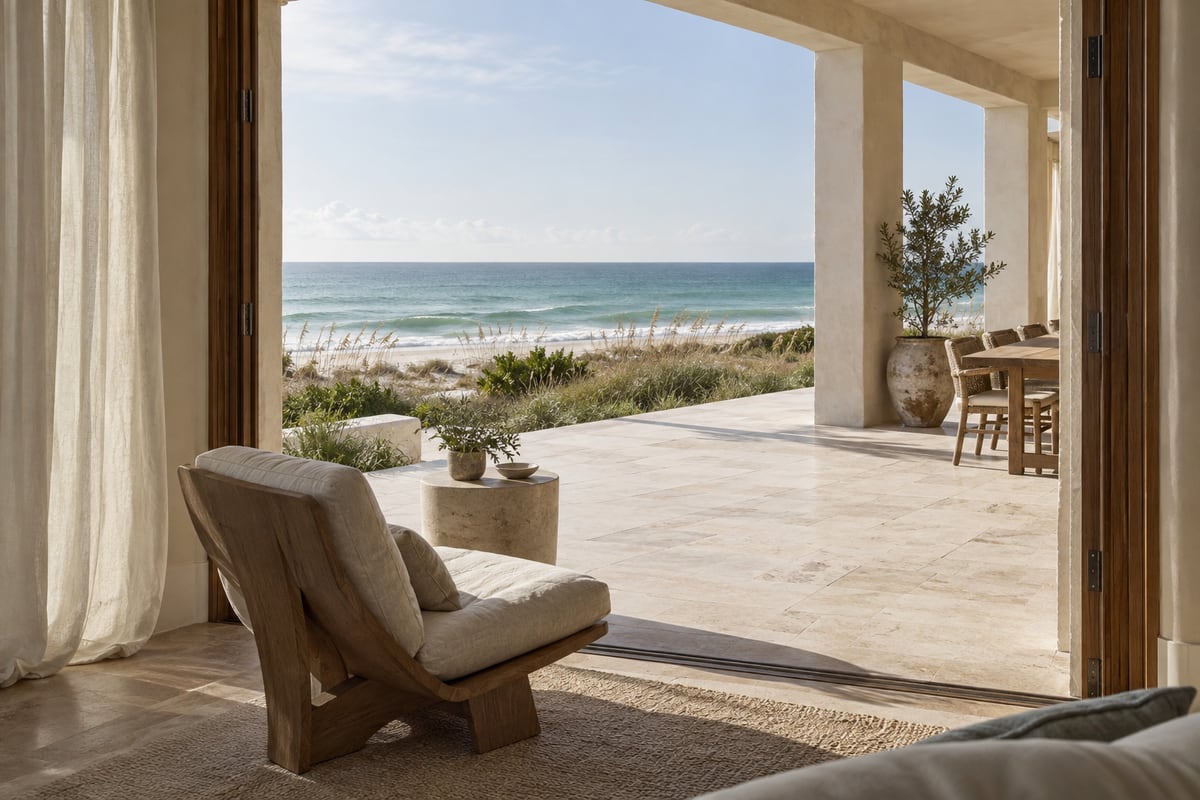 an open beachfront living room with linen, warm wood and travertine, looking across a covered terrace toward dunes and the Gulf. 